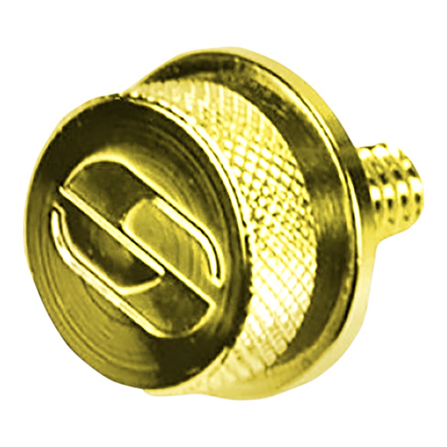 A Saddlemen gold metal screw on a white background with a Saddlemen 1/4"-20 Seat Knob.