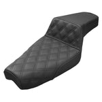 The Saddlemen Step-Up Seat for 1979-2003 Harley-Davidson Sportster features diamond-patterned stitching and a raised back, shown on a white background. This premium seat is made by Saddlemen.