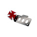 A red metal plate with a TC Bros. Maltese Cross Side Mount Tail Light/License Plate Bracket on it.