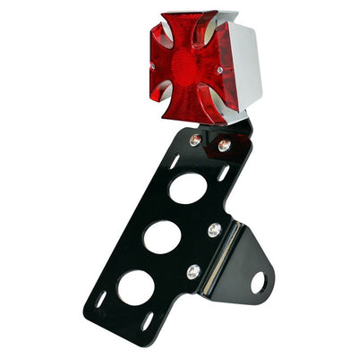 An image of a red and black TC Bros. Maltese Cross Side Mount Tail Light/License Plate Bracket included.