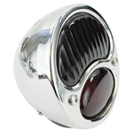 Three TC Bros. Duolamp/Model A Tail Lights: all with chrome housings; one features a black lens, one has red lenses, and one classic Model A style displays "STOP" in red.