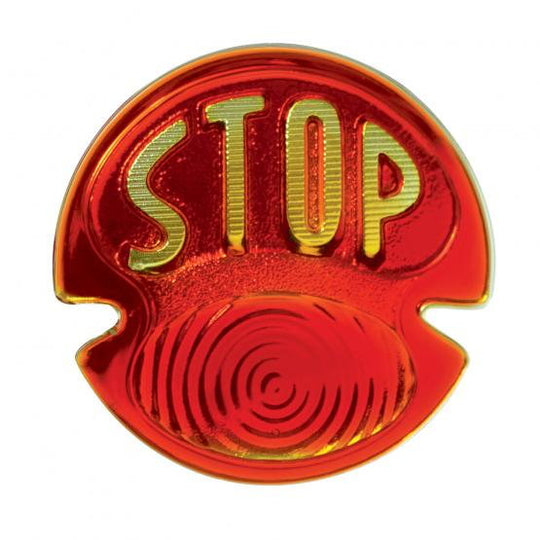 TC Bros. Replacement Glass Tail Light Lens set includes two red circular lenses: one plain textured, one embossed with "STOP" in yellow. Perfect for Model A and Model B tail light restoration or upgrades. Brand: TC Bros.