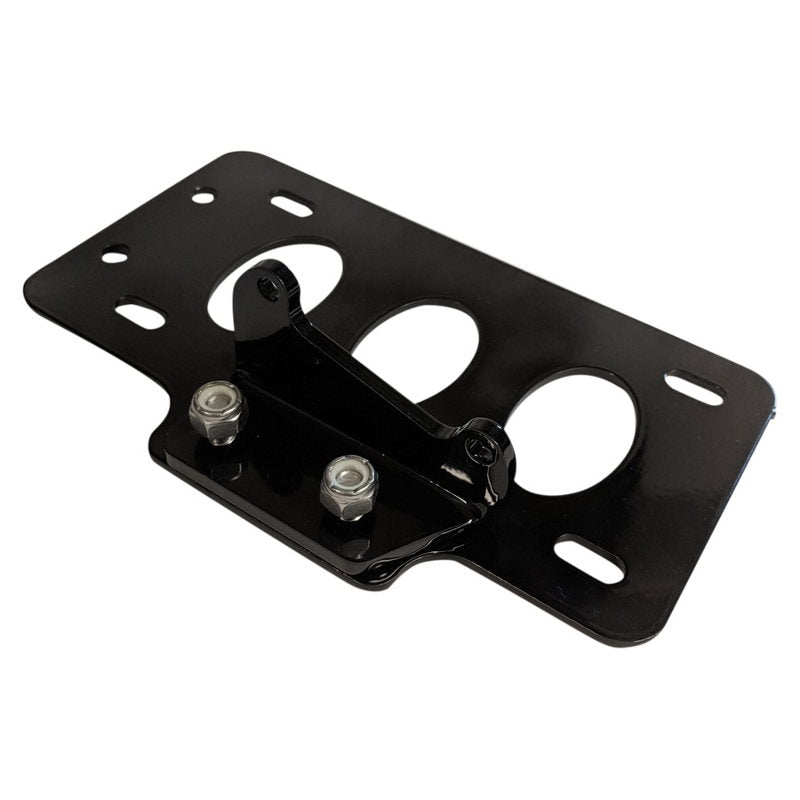 A TC Bros. metal plate with two holes on it, suitable for mounting a TC Bros. Side Mount License Plate Bracket (with no light) '04-up Sportster Primary Mount bracket or Sportster.