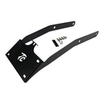 TC Bros. License Plate Relocation Bracket for Harley-Davidson 2018+ Softail Street Bob and Slim, a black metal kit with mounting brackets, hardware, and logo cutout in a laydown style; shown on a white background.