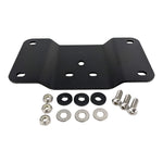 The TC Bros. Laydown License Plate Mount for Harley-Davidson features a black metal fender bracket with four screw holes and includes screws, washers, lock washers, nuts, and rubber grommets—perfect for secure mounting.