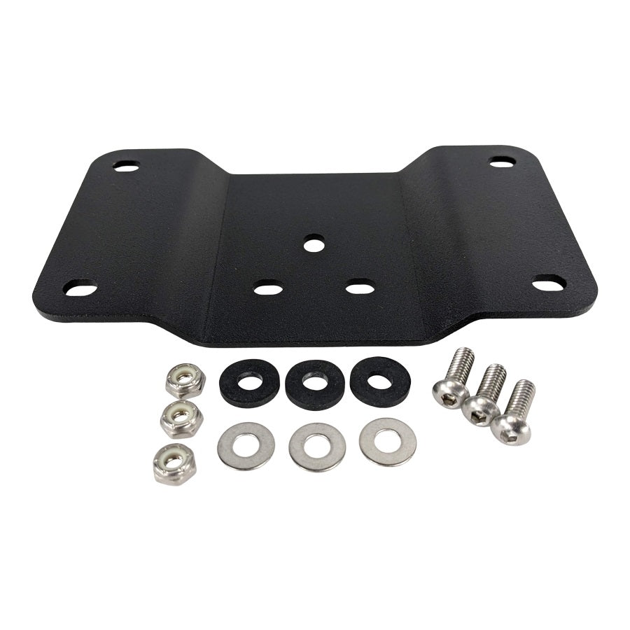 A TC Bros. mounting bracket with screws and nuts, capable of holding 3 TC Bros. Laydown License Plate Mounts for Harley Davidson motorcycles.