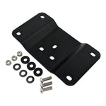 The TC Bros. Laydown License Plate Mount for Harley-Davidson features a black metal fender bracket with four screw holes and includes screws, washers, lock washers, nuts, and rubber grommets—perfect for secure mounting.