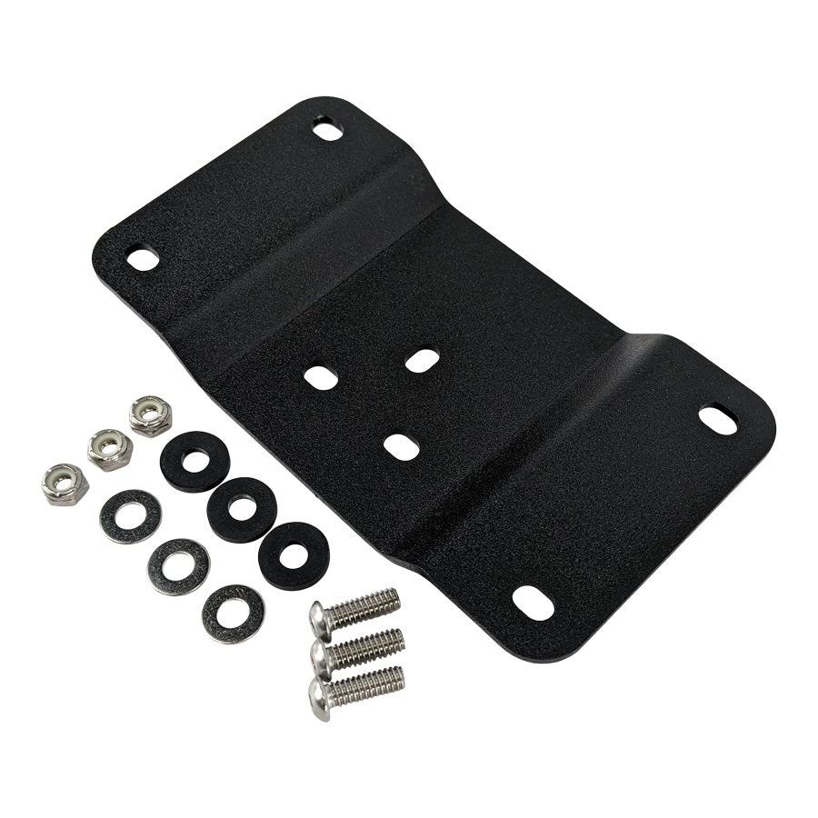 A black TC Bros. laydown license plate mount for Harley Davidson with screws and nuts.