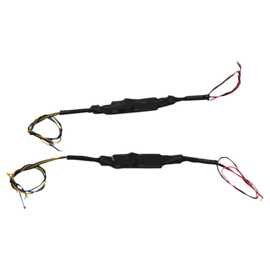 A pair of black wires on a white background that Converts 2-wire turn signals into 3-wire aftermarket turn signals: The Custom Dynamics 2 to 3 Wire Harley Turn Signal Converter.