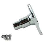 A chrome-plated Moto Iron® Starter Button Bypass Cover for Harley-Davidson 1991-2022, with a round tip on a rectangular base and three screws—its sleek, robust design echoes the look of a Harley starter button.