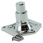 A chrome-plated Moto Iron® Starter Button Bypass Cover for Harley-Davidson 1991-2022, with a round tip on a rectangular base and three screws—its sleek, robust design echoes the look of a Harley starter button.