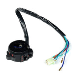 An image of a Moto Iron® Universal Compact Handlebar Multi-Switch for 7/8" Bars (hi/lo beam, turn signal, horn) with wires attached to it.