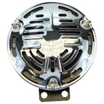Circular chrome Mid-USA Chrome Springer Style 12V Horn w/Universal Mount HD# 69005-85T with a decorative grille and universal mounting bracket, perfect for custom motorcycles.