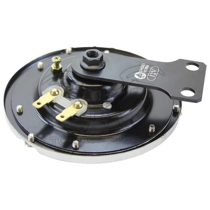 Circular chrome Mid-USA Chrome Springer Style 12V Horn w/Universal Mount HD