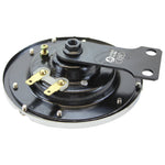 Circular chrome Mid-USA Chrome Springer Style 12V Horn w/Universal Mount HD# 69005-85T with a decorative grille and universal mounting bracket, perfect for custom motorcycles.