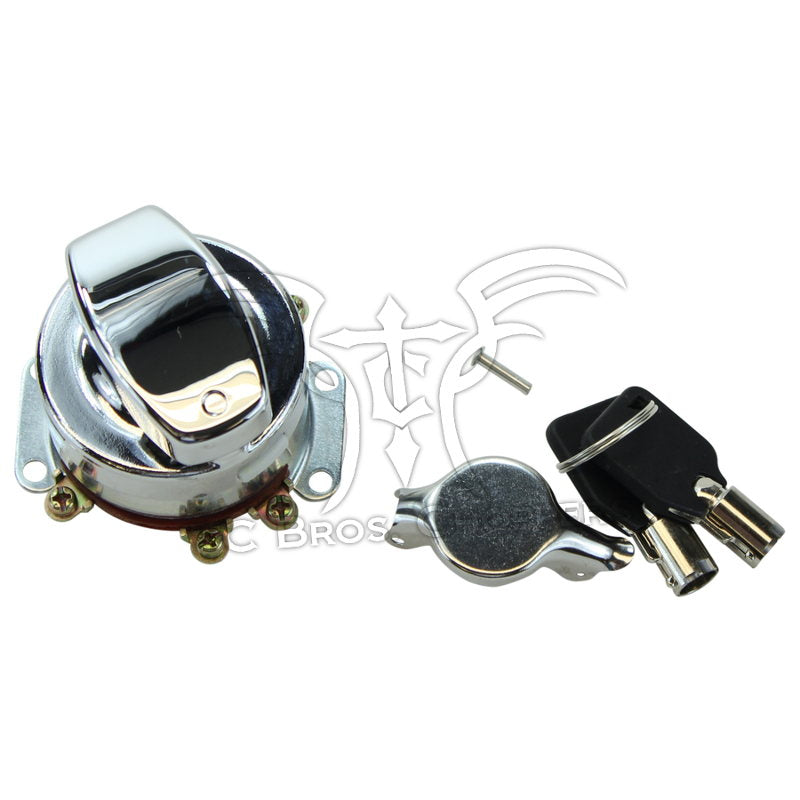 Mid-USA Ignition Switch for 1973-1995 Harley-Davidson Big Twin, includes keys and mounting hardware, perfect as a replacement part. Brand: Mid-USA. Shown on a white background.