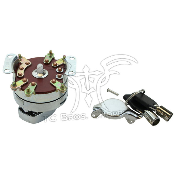 Mid-USA Ignition Switch for 1973-1995 Harley-Davidson Big Twin, includes keys and mounting hardware, perfect as a replacement part. Brand: Mid-USA. Shown on a white background.