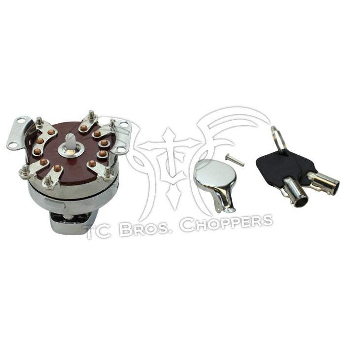 Mid-USA Ignition Switch for 1973-1995 Harley-Davidson Big Twin, includes keys and mounting hardware, perfect as a replacement part. Brand: Mid-USA. Shown on a white background.