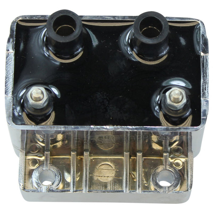 The Mid-USA 3Ω 12V Chrome Ignition Coil for 1983-1999 Harley-Davidson features a chrome finish with mounting points and sleek, reflective surface—echoing the polished appeal of classic metal guitar pickup covers.