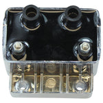The Mid-USA 3Ω 12V Chrome Ignition Coil for 1983-1999 Harley-Davidson features a chrome finish with mounting points and sleek, reflective surface—echoing the polished appeal of classic metal guitar pickup covers.
