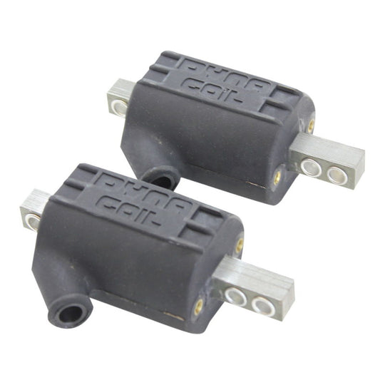 Two black Dynatek Coils 12V 5 OHM 1 Angled BigTwin&XL w/Points or Elec Singfire (ex w/OE Singlefire) #DC10-1 connectors on a white background.