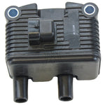 The Mid-USA .6Ω 12V Ignition Coil for 1999-2006 Harley-Davidson features cooling fins, two mounting holes, single-fire ignition support, two bottom cylindrical connectors, and a central wiring connector on top.