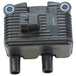 The Mid-USA .6Ω 12V Ignition Coil for 1999-2006 Harley-Davidson features cooling fins, two mounting holes, single-fire ignition support, two bottom cylindrical connectors, and a central wiring connector on top.