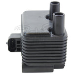 The Mid-USA .6Ω 12V Ignition Coil for 1999-2006 Harley-Davidson features cooling fins, two mounting holes, single-fire ignition support, two bottom cylindrical connectors, and a central wiring connector on top.