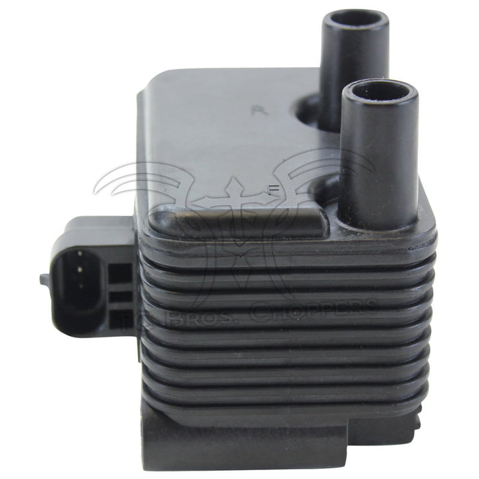 The Mid-USA .6Ω 12V Ignition Coil for 1999-2006 Harley-Davidson features cooling fins, two mounting holes, single-fire ignition support, two bottom cylindrical connectors, and a central wiring connector on top.