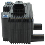 The Mid-USA .6Ω 12V Ignition Coil for 1999-2006 Harley-Davidson features cooling fins, two mounting holes, single-fire ignition support, two bottom cylindrical connectors, and a central wiring connector on top.