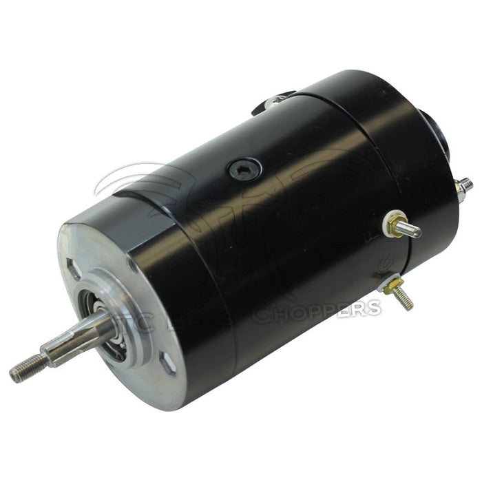 The Mid-USA 12V Generator for 1965-1984 Harley-Davidson is a black cylindrical motor with metal studs and a protruding shaft, shown on a white background—perfect for vintage Harley applications.