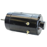 The Mid-USA 12V Generator for 1965-1984 Harley-Davidson is a black cylindrical motor with metal studs and a protruding shaft, shown on a white background—perfect for vintage Harley applications.