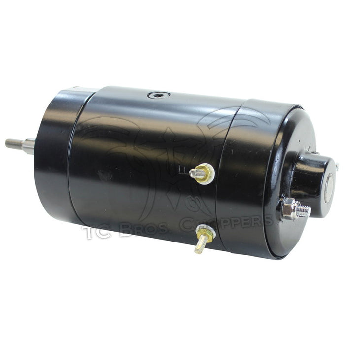 The Mid-USA 12V Generator for 1965-1984 Harley-Davidson is a black cylindrical motor with metal studs and a protruding shaft, shown on a white background—perfect for vintage Harley applications.