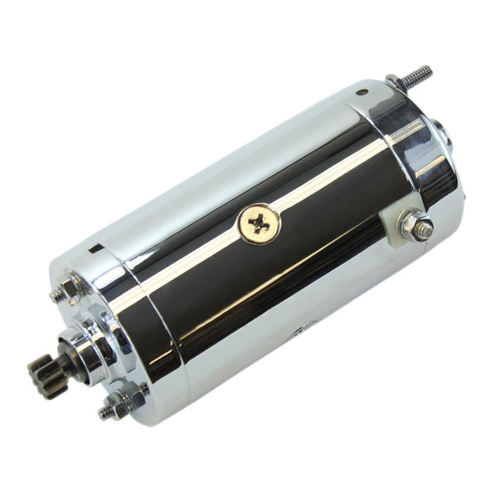 Two cylindrical Mid-USA Starter Motors for L1966-1982 Harley-Davidson Big Twin and Sportster—one chrome, one black—each with connection terminals and a gear, ideal starter options for your Harley.