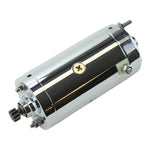 Two cylindrical Mid-USA Starter Motors for L1966-1982 Harley-Davidson Big Twin and Sportster—one chrome, one black—each with connection terminals and a gear, ideal starter options for your Harley.
