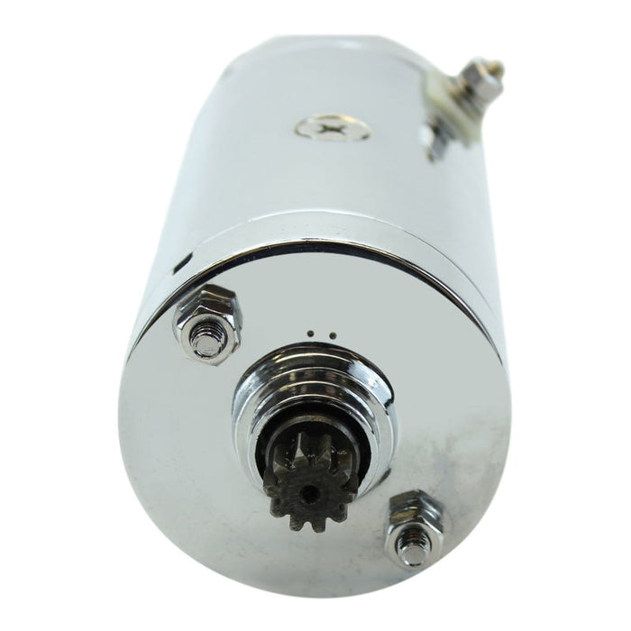Two cylindrical Mid-USA Starter Motors for L1966-1982 Harley-Davidson Big Twin and Sportster—one chrome, one black—each with connection terminals and a gear, ideal starter options for your Harley.