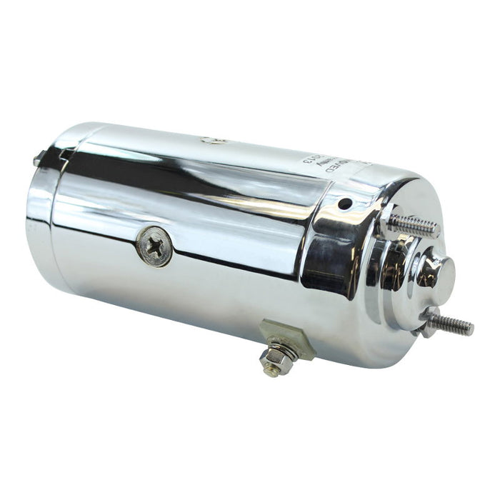 Two cylindrical Mid-USA Starter Motors for L1966-1982 Harley-Davidson Big Twin and Sportster—one chrome, one black—each with connection terminals and a gear, ideal starter options for your Harley.
