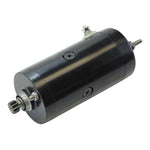 Two cylindrical Mid-USA Starter Motors for L1966-1982 Harley-Davidson Big Twin and Sportster—one chrome, one black—each with connection terminals and a gear, ideal starter options for your Harley.