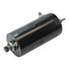 Two cylindrical Mid-USA Starter Motors for L1966-1982 Harley-Davidson Big Twin and Sportster—one chrome, one black—each with connection terminals and a gear, ideal starter options for your Harley.