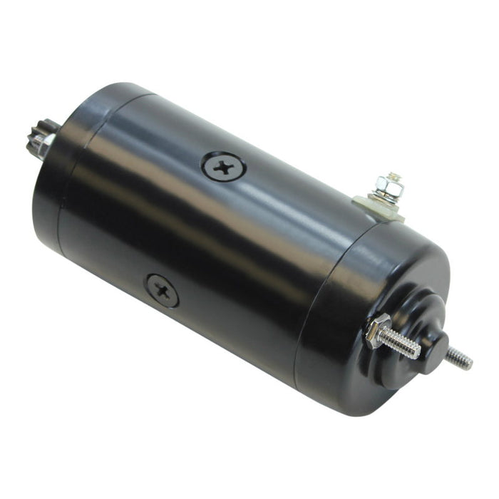 Two cylindrical Mid-USA Starter Motors for L1966-1982 Harley-Davidson Big Twin and Sportster—one chrome, one black—each with connection terminals and a gear, ideal starter options for your Harley.