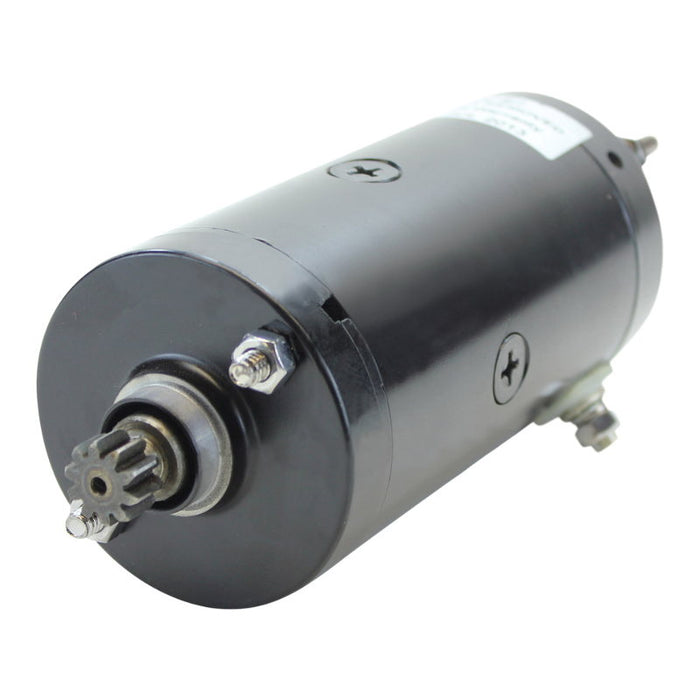 Two cylindrical Mid-USA Starter Motors for L1966-1982 Harley-Davidson Big Twin and Sportster—one chrome, one black—each with connection terminals and a gear, ideal starter options for your Harley.