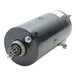 Two cylindrical Mid-USA Starter Motors for L1966-1982 Harley-Davidson Big Twin and Sportster—one chrome, one black—each with connection terminals and a gear, ideal starter options for your Harley.