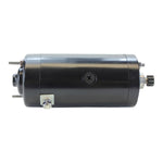 Two cylindrical Mid-USA Starter Motors for L1966-1982 Harley-Davidson Big Twin and Sportster—one chrome, one black—each with connection terminals and a gear, ideal starter options for your Harley.