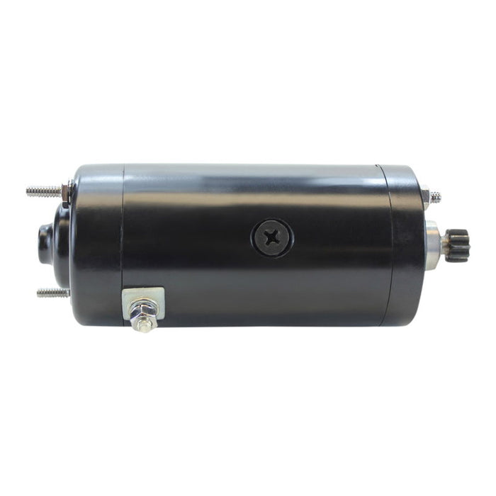 Two cylindrical Mid-USA Starter Motors for L1966-1982 Harley-Davidson Big Twin and Sportster—one chrome, one black—each with connection terminals and a gear, ideal starter options for your Harley.