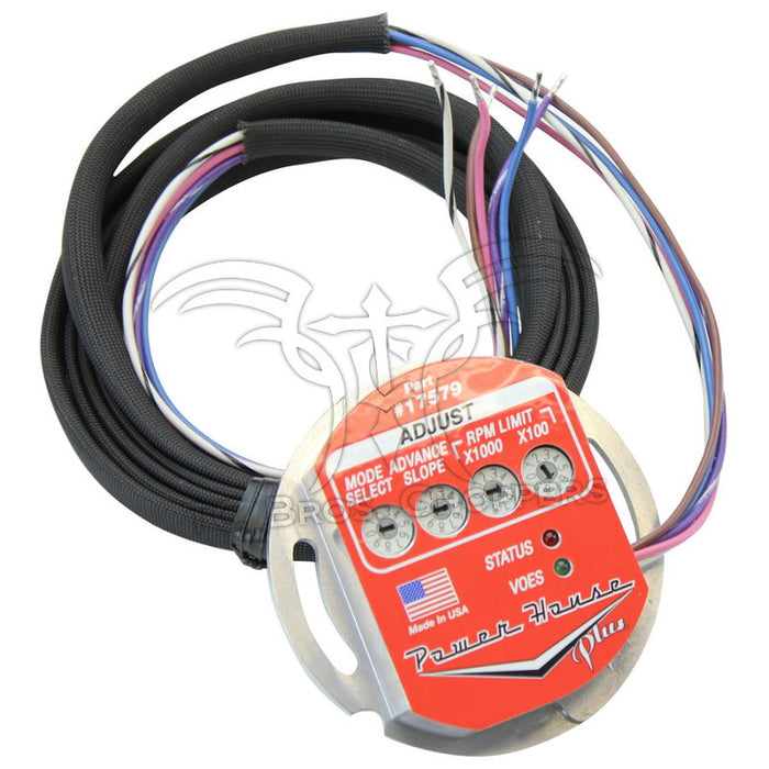 The Mid-USA Powerhouse Electronic Ignition Module for Harley-Davidson Shovelhead and Evo includes a wiring harness, connectors, mounting hardware, and a red “Power House Plus” adjustment dial.