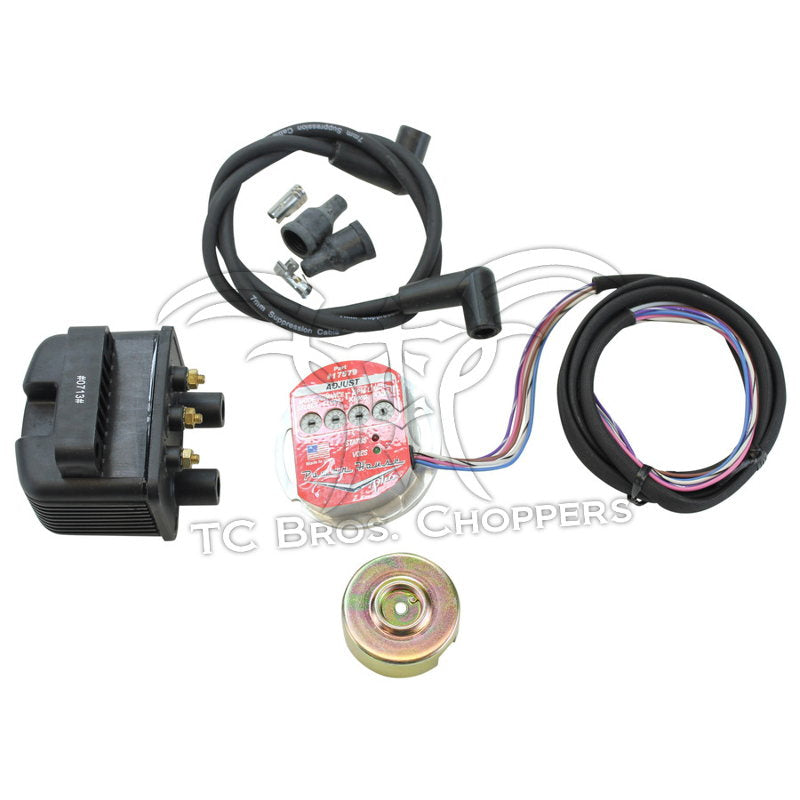 Mid-USA Powerhouse Complete Electronic Ignition Kit for Harley-Davidson Shovelhead and Evo (Big Twin and Sportster) includes ignition coil, wiring harness, electronic module, spark plug wires, and mounting hardware.