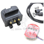 Mid-USA Powerhouse Complete Electronic Ignition Kit for Harley-Davidson Shovelhead and Evo (Big Twin and Sportster) includes ignition coil, wiring harness, electronic module, spark plug wires, and mounting hardware.
