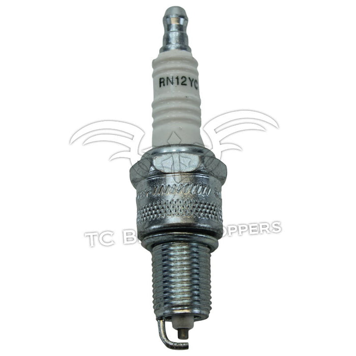 The Champion RN12YC Spark Plug, shown against a white background, is ideal for Harley-Davidson Shovelhead and Evolution engines. Brand: Champion.
