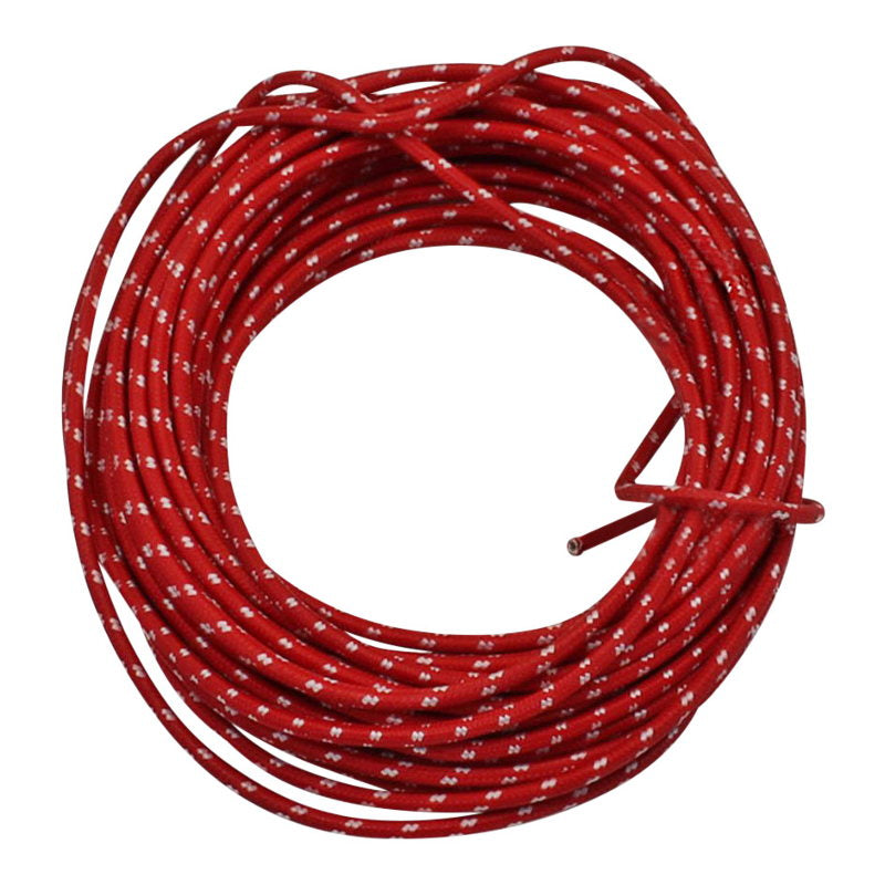 A Moto Iron® vintage style cloth covered Red Vintage Cloth Covered Wire 25ft rope with a white cord on it.