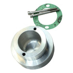 A Hughs HandBuilt Yamaha XS650 Bolt-On Oil Cooler piston cap with a gasket from Hughs Handbuilt.